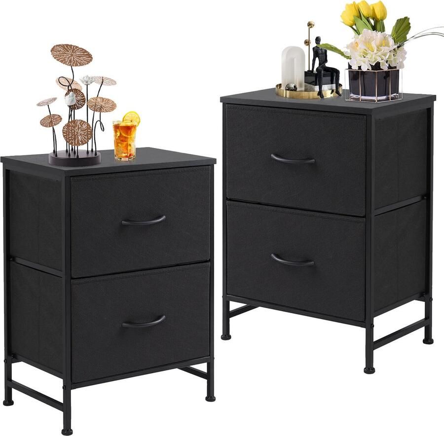 JOEAIS Nachtkastje set van 2 met 2 laden stoffen commode verticale opbergruimte organizer 50 cm hoog maximale draagkracht 20 kg voor slaapkamer kantoor wasruimte hal kinderkamer.-Zwart