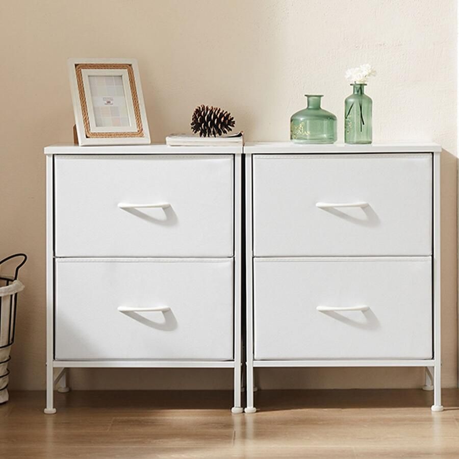 JOEAIS Nachtkastje set van 2 met 2 laden stoffen commode verticale opbergruimte organizer 50 cm hoog maximale draagkracht 20 kg voor slaapkamer kantoor wasruimte hal kinderkamer.-Wit