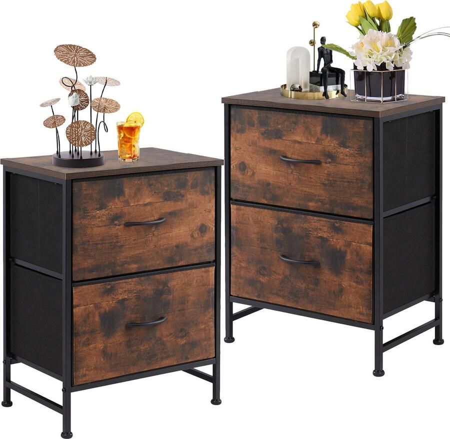 JOEAIS Nachtkastje set van 2 met 2 laden stoffen commode verticale opbergruimte organizer 50 cm hoog maximale draagkracht 20 kg voor slaapkamer kantoor wasruimte hal kinderkamer.-Roest