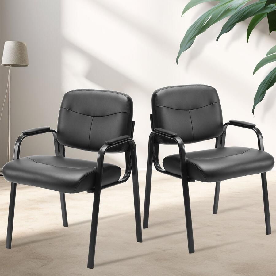 JOEAIS Wachtkamerstoelen met Gewatteerde Armen PU Lederen Stationaire Gaststoel voor Ouderen Thuis Bureau Ontvangstruimte Conferentiekamer Zij Lobby Zwart