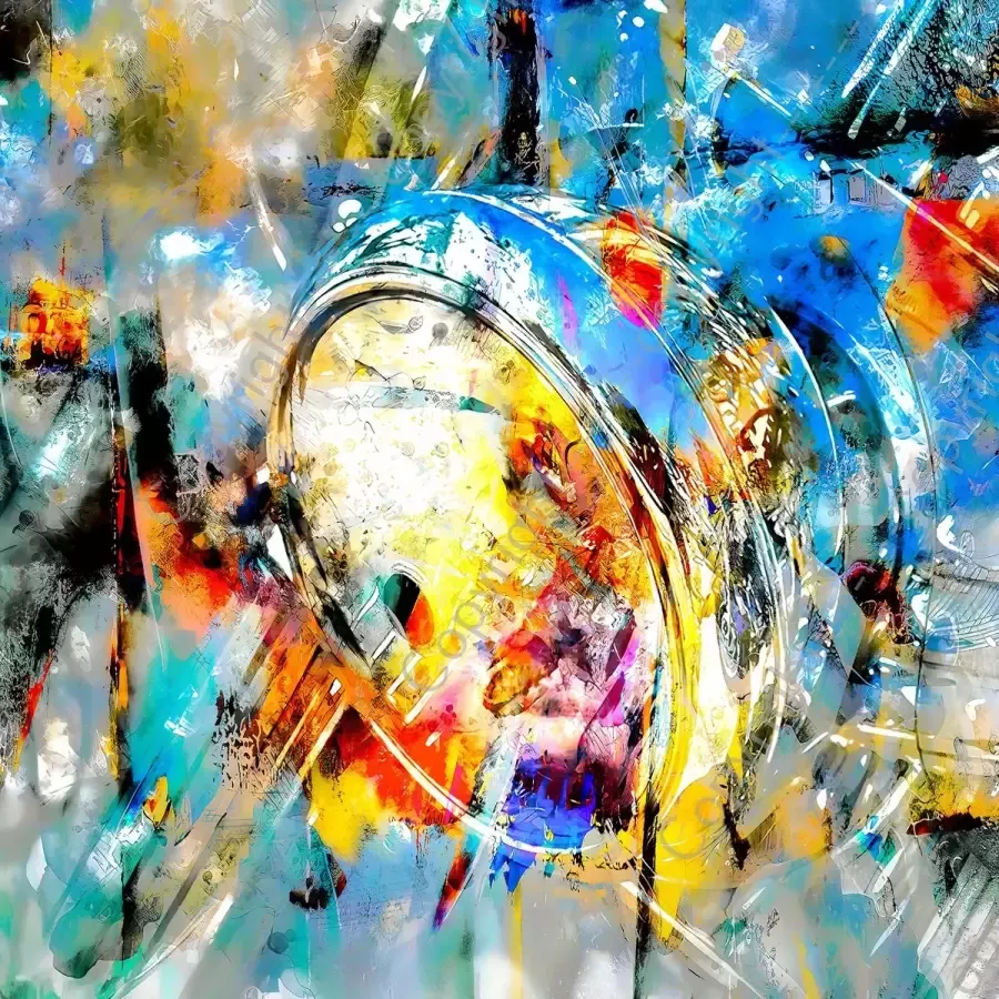 John Joseb Art JJ-Art (Aluminium) 100x100 Koplamp motorfiets – geschilderde olieverf look – abstract woonkamer – slaapkamer Kunst motor lamp rood geel blauw vierkant modern Foto-Schilderij print op Dibond (metaal wanddecoratie) KIES JE MAAT