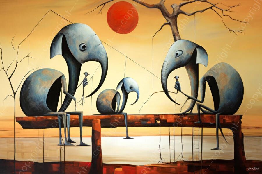 John Joseb Art JJ-Art (Aluminium) 120x80 Olifanten op een bank abstract surrealisme Salvador Dali stijl kunst dier ondergaande zon grijs bruin rood modern foto-schilderij op dibond metaal wanddecoratie