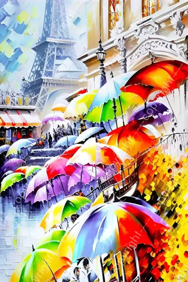 John Joseb Art JJ-Art (Aluminium) 120x80 Parijs met Eiffeltoren en paraplu – abstract kubisme – kunst Frankrijk – woonkamer slaapkamer parasols rood oranje paars blauw geel groen modern Foto-Schilderij print op Dibond (metaal wanddecoratie)