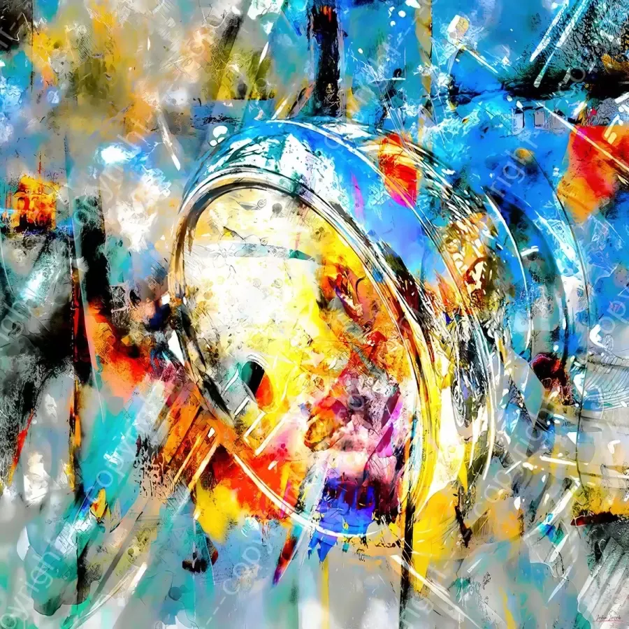 John Joseb Art JJ-Art (Aluminium) 90x90 Koplamp motorfiets – geschilderde olieverf look – abstract woonkamer – slaapkamer Kunst motor lamp rood geel blauw vierkant modern Foto-Schilderij print op Dibond (metaal wanddecoratie) KIES JE MAAT