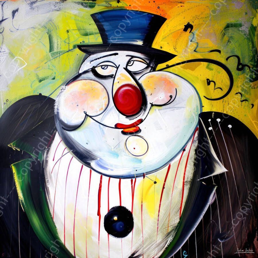 John Joseb Art JJ-Art (Canvas) 100x100 Afspraak met de directeur van de bank dikke man kleurrijk abstract humor grappig kunst mens vierkant groen blauw rood geel modern Foto-Schilderij canvas print (wanddecoratie)