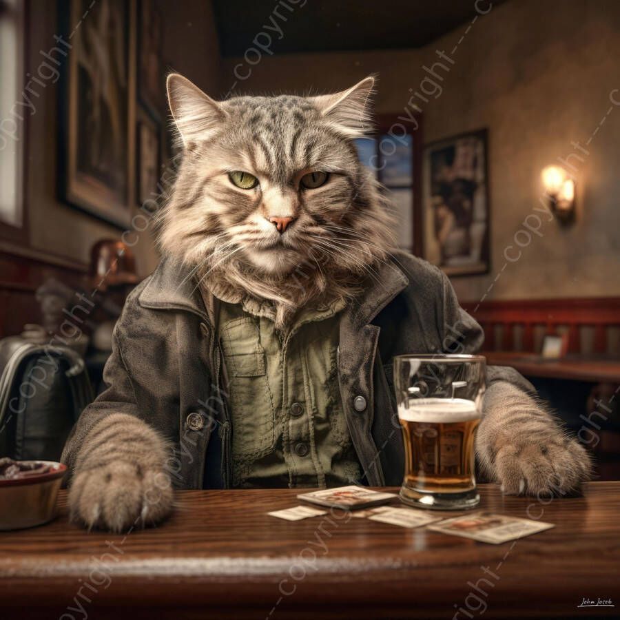 John Joseb Art JJ-Art (Canvas) 100x100 Kat drinkt een glas bier in café in Amsterdam- kunst vierkant dier bar tafel poes man bruin groen geel modern Foto-Schilderij print (wanddecoratie) KIES JE MAAT