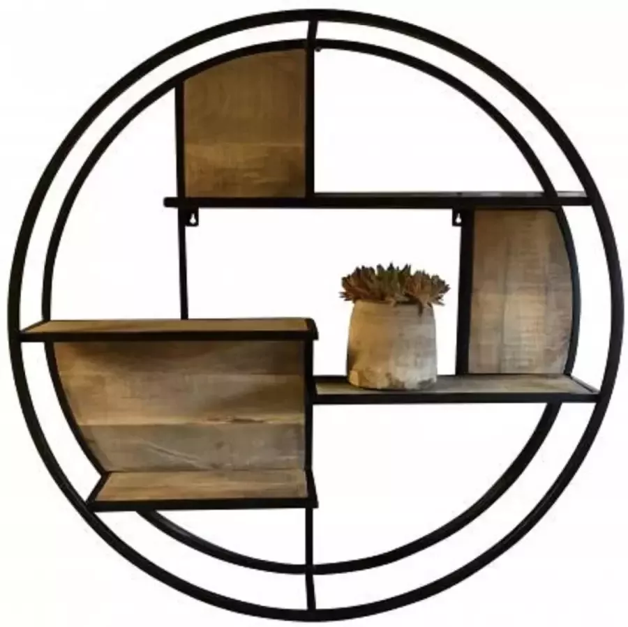 Joni's Wandrek Industrieel Rond met 3 houten planken Wandrek Metaal Zwart 17x100 cm