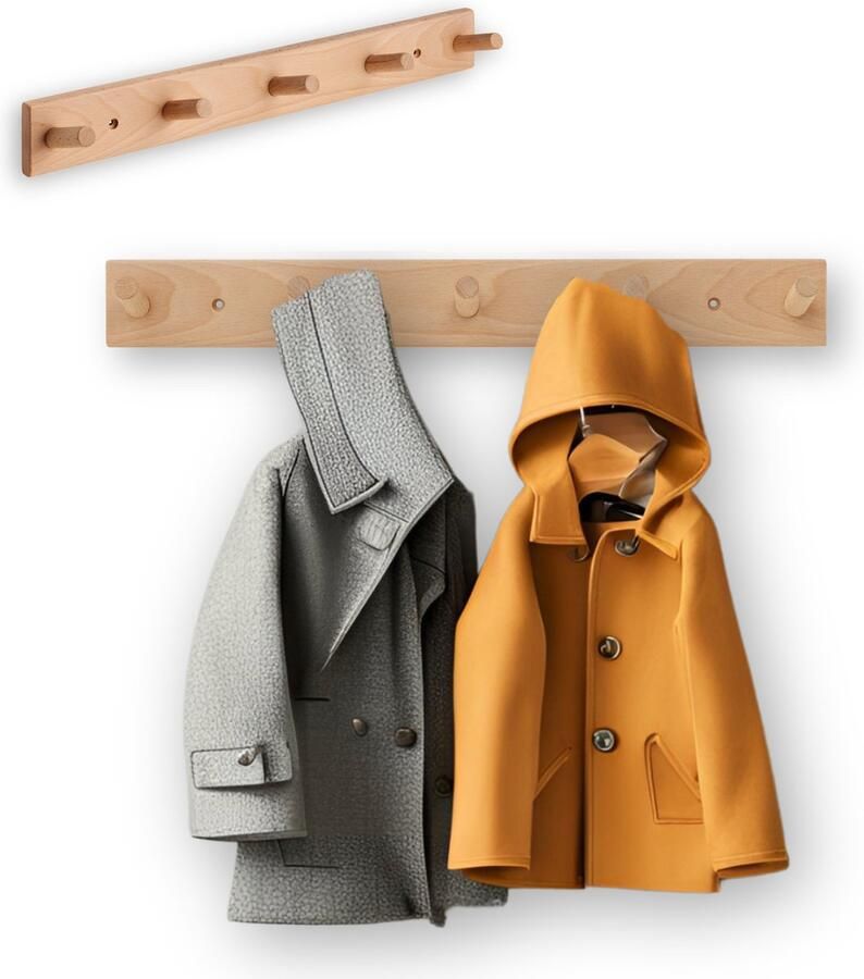 Jooba Kinderkapstok Kapstok wandkapstok Kapstok kinderkamer 100% echt Beukenhout 5 Haken Puur en Natuur collectie Kinderkamer 45x6cm Veilig en Duurzaam Met bevestigingsmateriaal