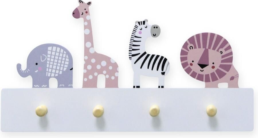Jooba Kinderkapstok Kinderkamer 4 Haken Safari Kapstok hangend Wit Wandkapstok Met bevestigingsmateriaal