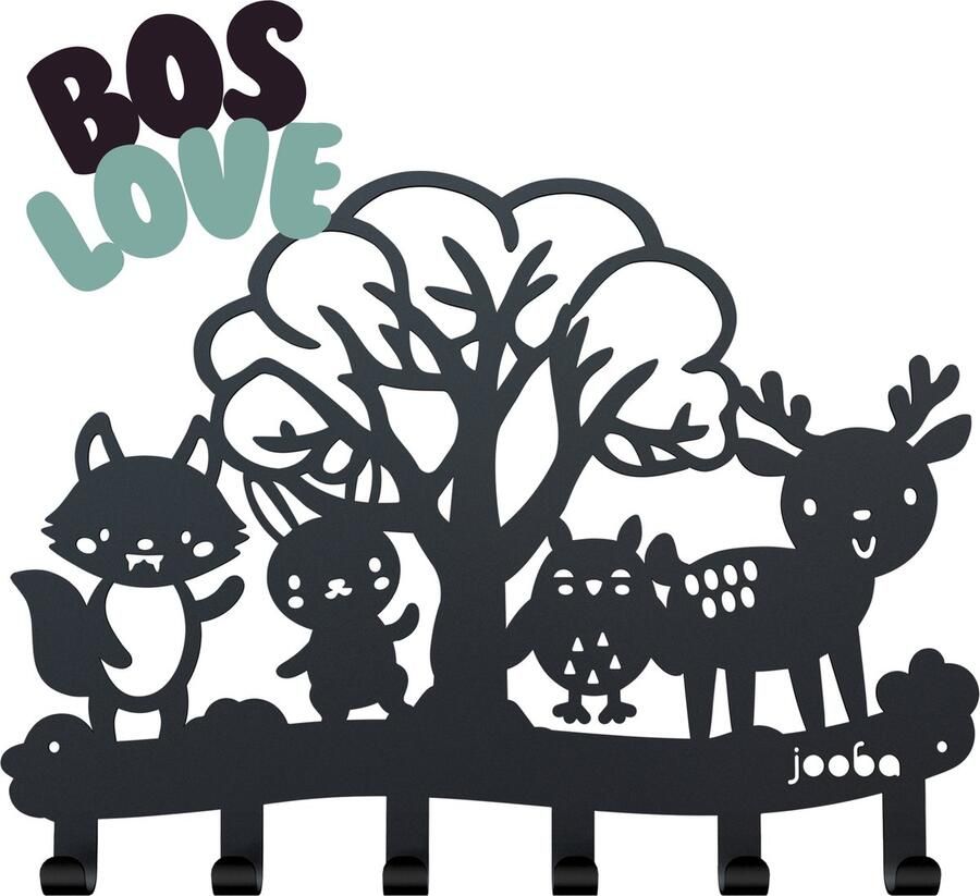 Jooba Kinderkapstok Kinderkamer 6 Haken Bosdieren Kapstok hangend Metaal- Zwart Wandkapstok Met bevestigingsmateriaal