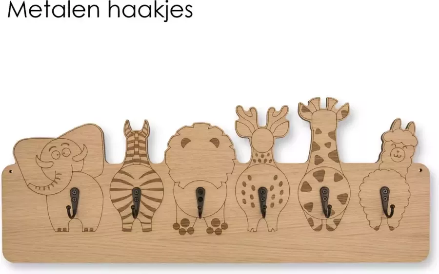 Jooba Kinderkapstok voor Kinderkamer 6 Metalen haken XL Hout Dierenkoppen Wandkapstok Kapstok met Dieren Met bevestigingsmateriaal - Foto 2