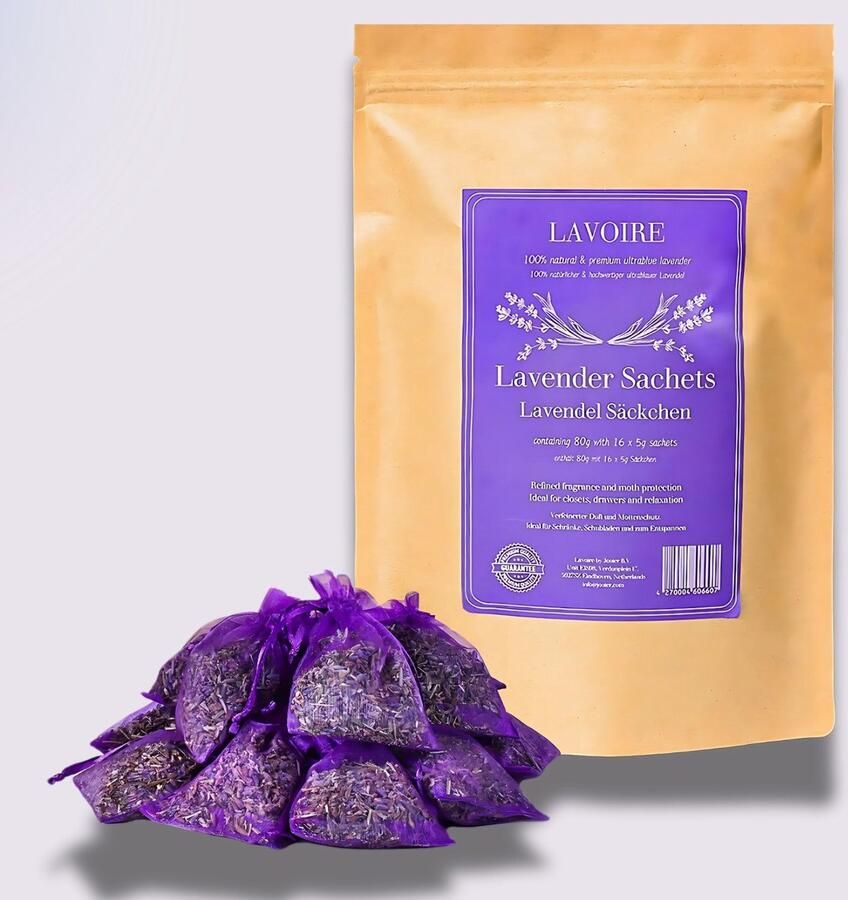 Jooier LAVOIRE lavendel geurzakjes 16x 5g: premium kwaliteit natuurlijke voor mottenbescherming & welzijn Mottenballen Geurzakjes voor kledingkast Lavendelzakjes