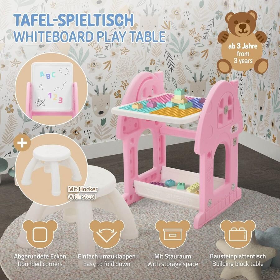 Joyz Kinderzitgroep 2 in 1 speeltafel met tafel en stoelenset HDPE wit-roze kindertafel en kruk