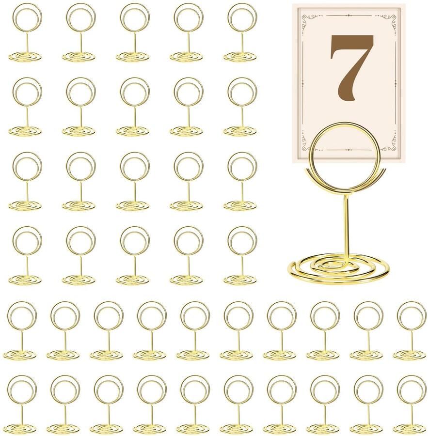 Jsrnqert Set van 40 metalen plaatskaarthouders tafelnummerhouders van metaal fotohouder kaarthouder tafelnummerhouder voor bruiloften plaatskaarthouder memohouder voor restaurant tafel feest (goud 3 cm x 5 cm)