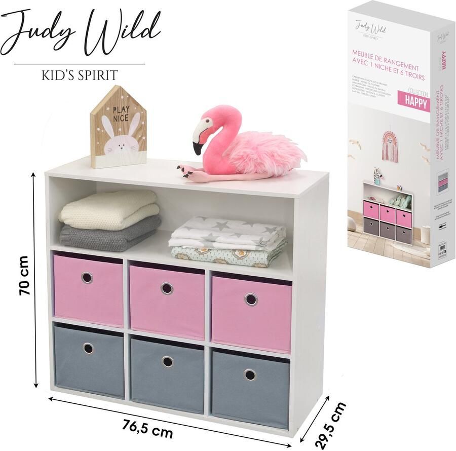 Judy Wild HAPPY MEUBLE MET 1 OPEN VAK EN 6 LADES ROZE EN GRIS 76X29 5XH70CM