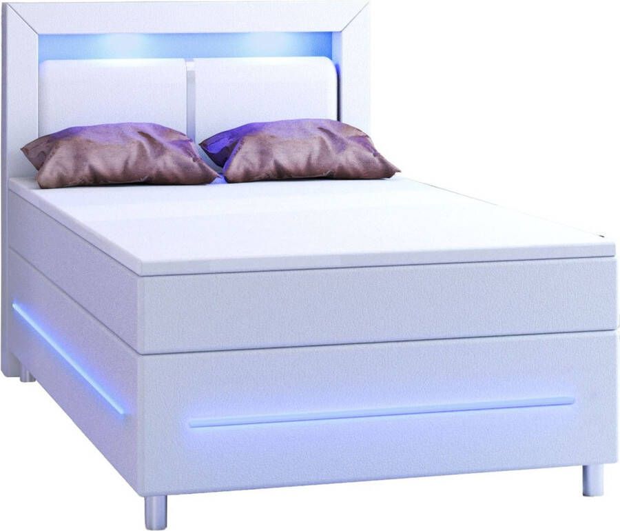Juskys Boxspringbed Boxspring Norfolk 120 x 200 cm Wit LED Incl. Matras & Topper