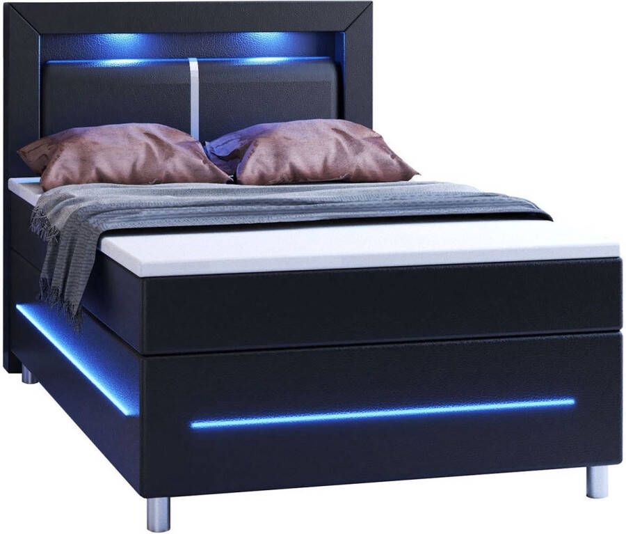 Juskys Boxspringbed Boxspring Norfolk 120 x 200 cm Zwart LED Incl. Matras & Topper