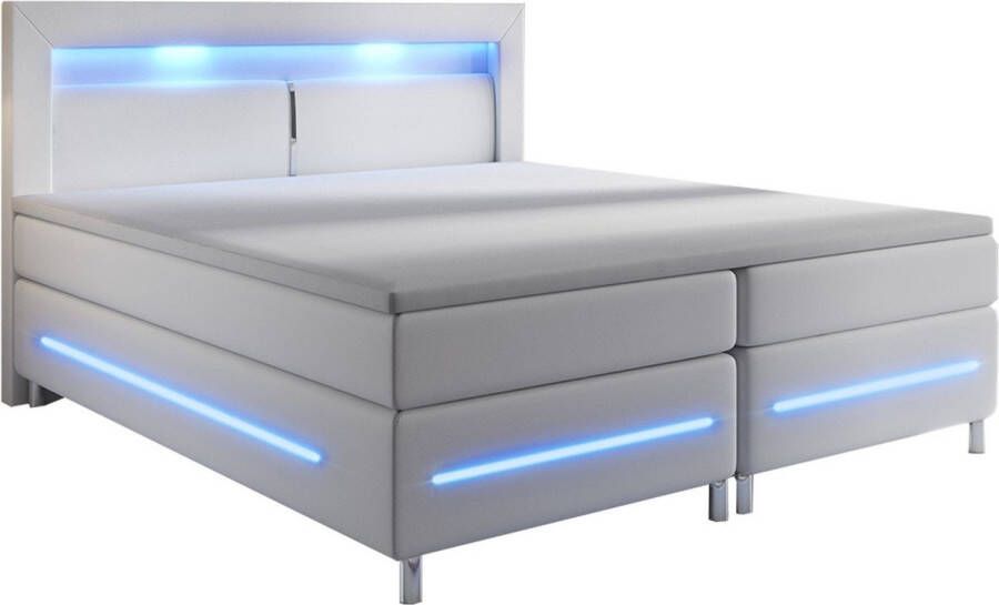 Juskys Boxspringbed Boxspring Norfolk 140 x 200 cm Wit LED Incl. Matras & Topper