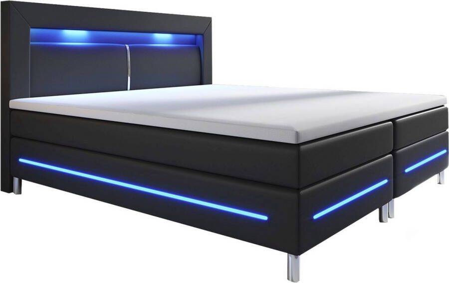 Juskys Boxspringbed Boxspring Norfolk 180 x 200 cm Zwart LED Incl. Matras & Topper