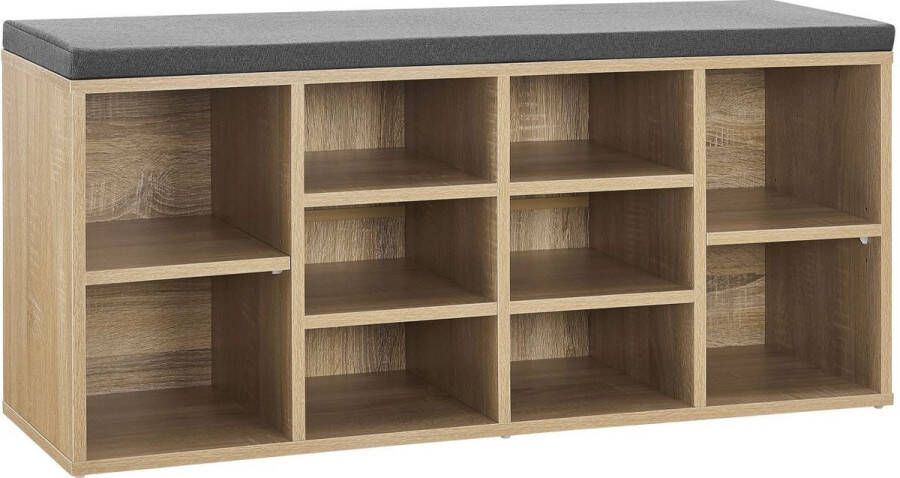 Juskys Schoenenkast schoenenrek 10 vakken 104 x 30 x 48 cm Houtkleur Incl. zitkussen