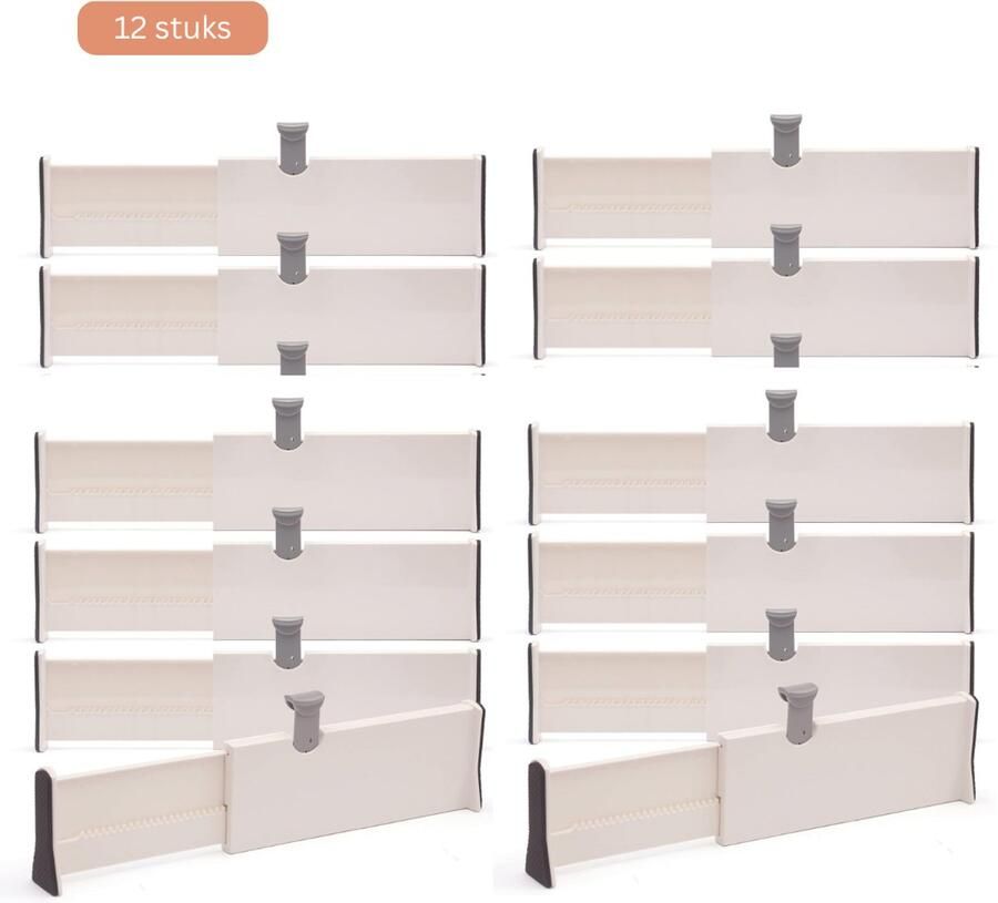 JustValue Ladeverdelers 12-Pack – Verstelbaar van 28-43 cm – Kunststof – 10 cm Hoog – Lade Organizer voor Keuken – Slaapkamer – Badkamer – Kantoor – Wit