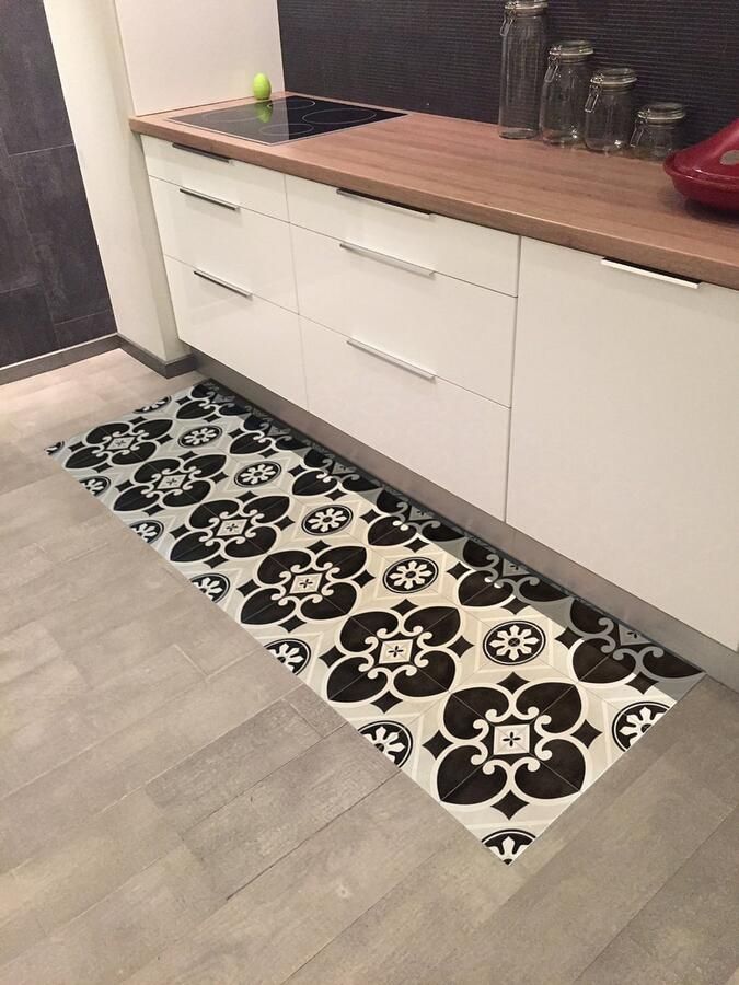 JYG Vloerkleed CINEY- Keukenloper Keukenmat Vinyl Vintage 66X400cm Wit Zwart