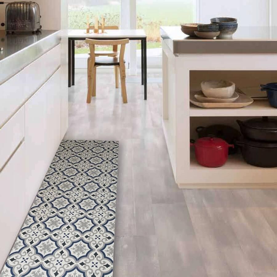 JYG Vloerkleed Orval Keukenloper Keukenmat Vinyl Vintage 60x440cm Blauw Grijs Ecru