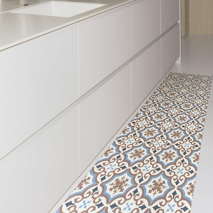 JYG Vloerkleed Vleteren Keukenloper Keukenmat Vinyl Vintage 60x180cm Blauw Terra Beige