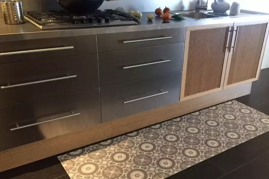 JYG Vloerkleed Retrolux Mechelen Keukenloper Keukenmat Vinyl Vintage 62x300cm Grijs Beige