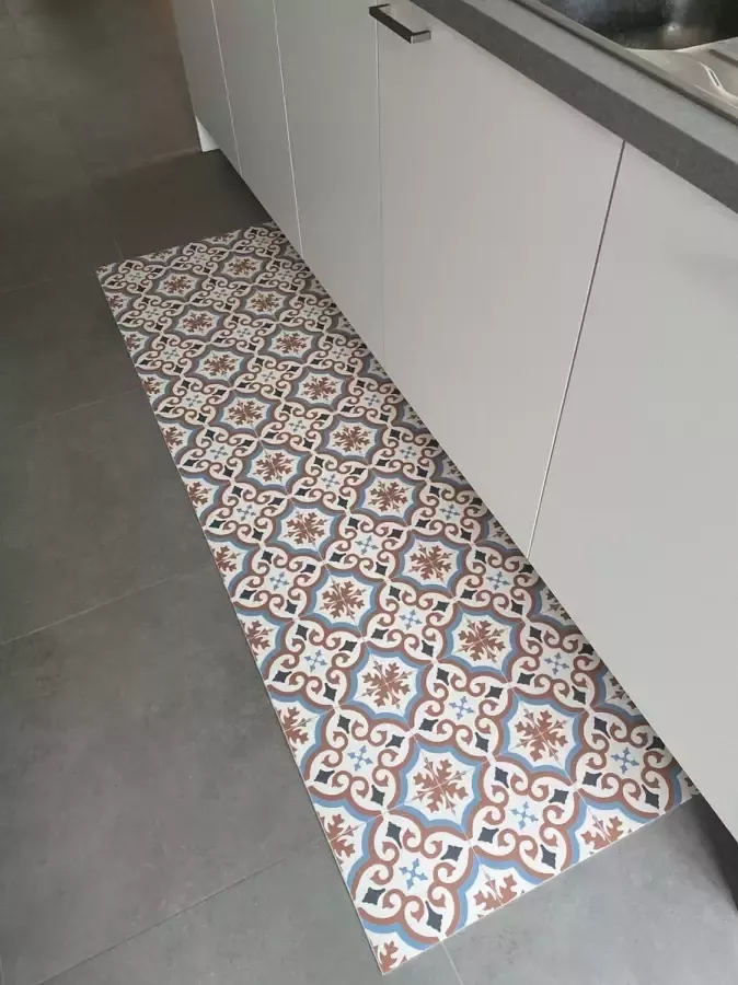 JYG Vloerkleed Vleteren Keukenloper Keukenmat Vinyl Vintage 60x160cm Blauw Terra Beige