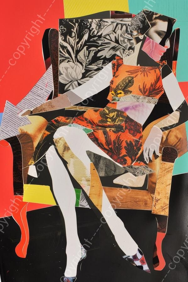 K&C Art (Glasschilderij) 40x60cm Vrouw op stoel in papier collage stijl Picasso stijl abstract modern kunst Woonkamer slaapkamer hal kantoor Foto schilderij print op acrylglas wanddecoratie muurdecoratie wall art
