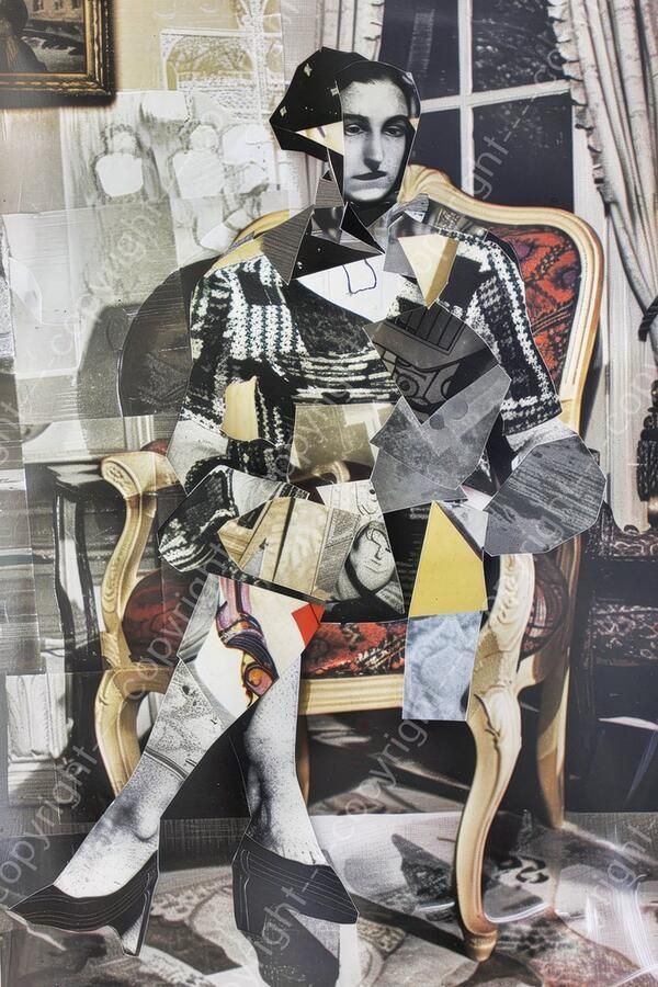 K&C Art (Glasschilderij) 40x60cm Vrouw op stoel in papier collage stijl Picasso stijl abstract modern kunst Woonkamer slaapkamer hal kantoor Foto schilderij print op acrylglas wanddecoratie muurdecoratie wall art
