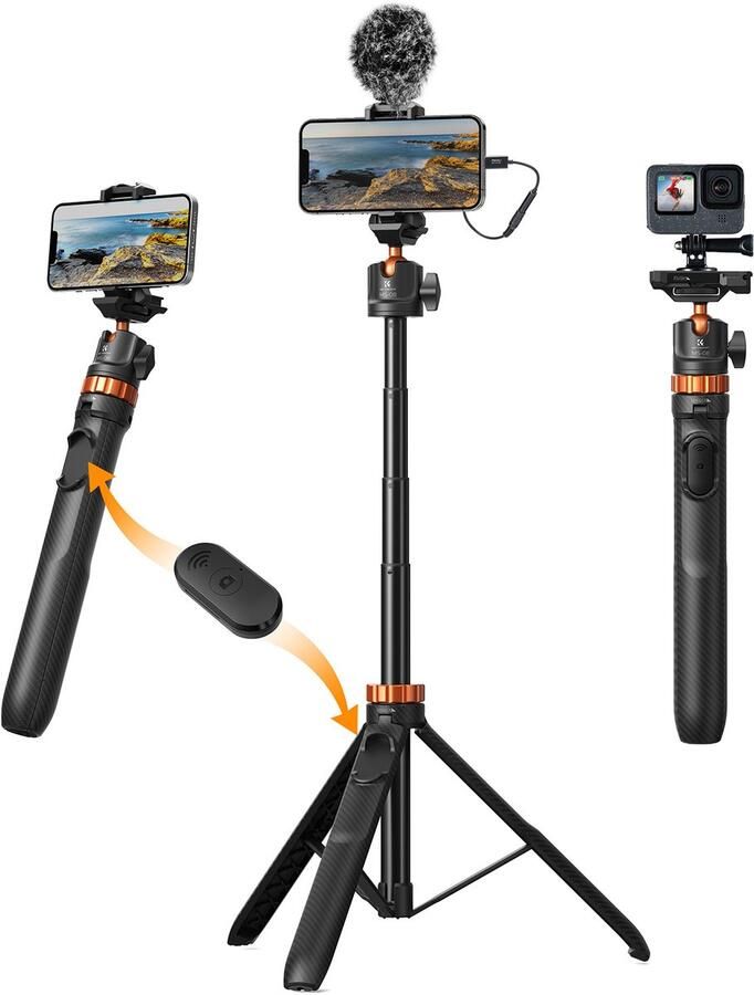K&F Concept MS08 selfiestick selfie stick telefoonstatief met bluetooth afstandsbediening en Gopro adapter 1.58m
