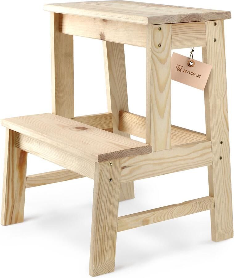 KADAX Houten kruk voetenbank van natuurlijk ongelakt grenenhout voetensteun in 3 verschillende modellen barstoel opstapkruk kruk houten kruk (ladder 2 treden)