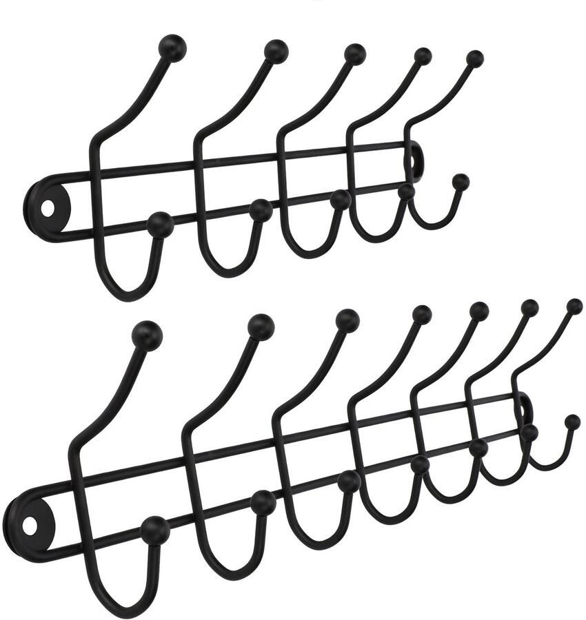 KADAX Wandgarderobe garderobehaken haaklijst dubbele haken kledinghaken garderobestand wandhaken van staal badjashaken handdoekhaken mat zwart (set van 2: 7 en 5 haken)