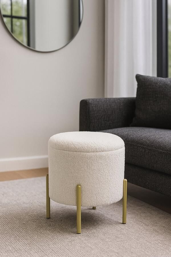 Precisie Home Moderne Bouclé Poef met Gouden Poten – 40x40 cm Stijlvol & Comfortabel Rond Design Krukje voor Woonkamer of Slaapkamer
