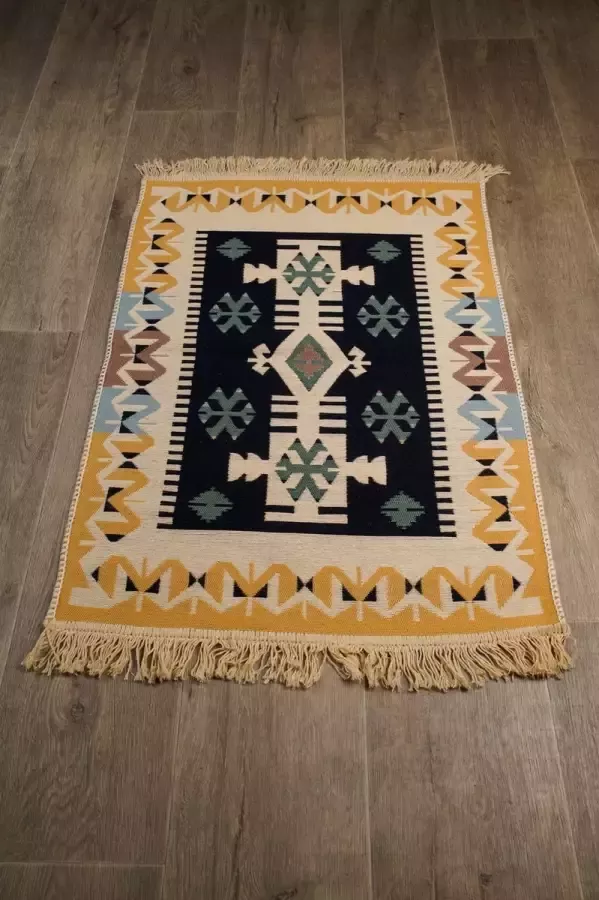 Kadotche Tapijt green yellow Vloerkleed 60x90 Carpet dubbelzijdig Kelim
