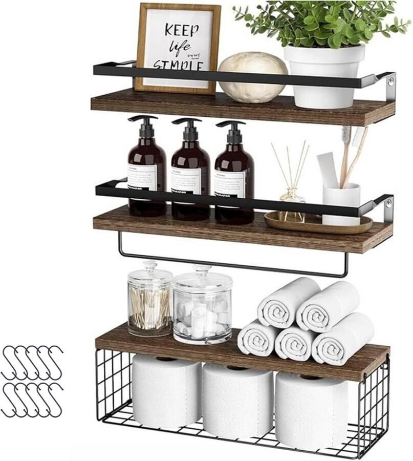Kaëru Wandplanken Set van 3 Boekenplank Met metalen frame Met 10 haken Draagvermogen 10 kg per plank 42x15.5cm Houten planken Badkamer keuken woonkamer Vintage bruin hout