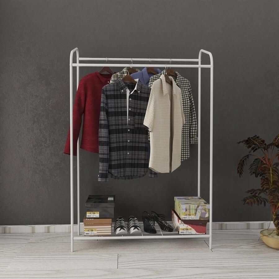 KAIA Design Kledingrek Dubbele Stang Metaal 140x104x40 CM Wit Opbergruimte Voor Schoenen Garderoberek Opbergrek