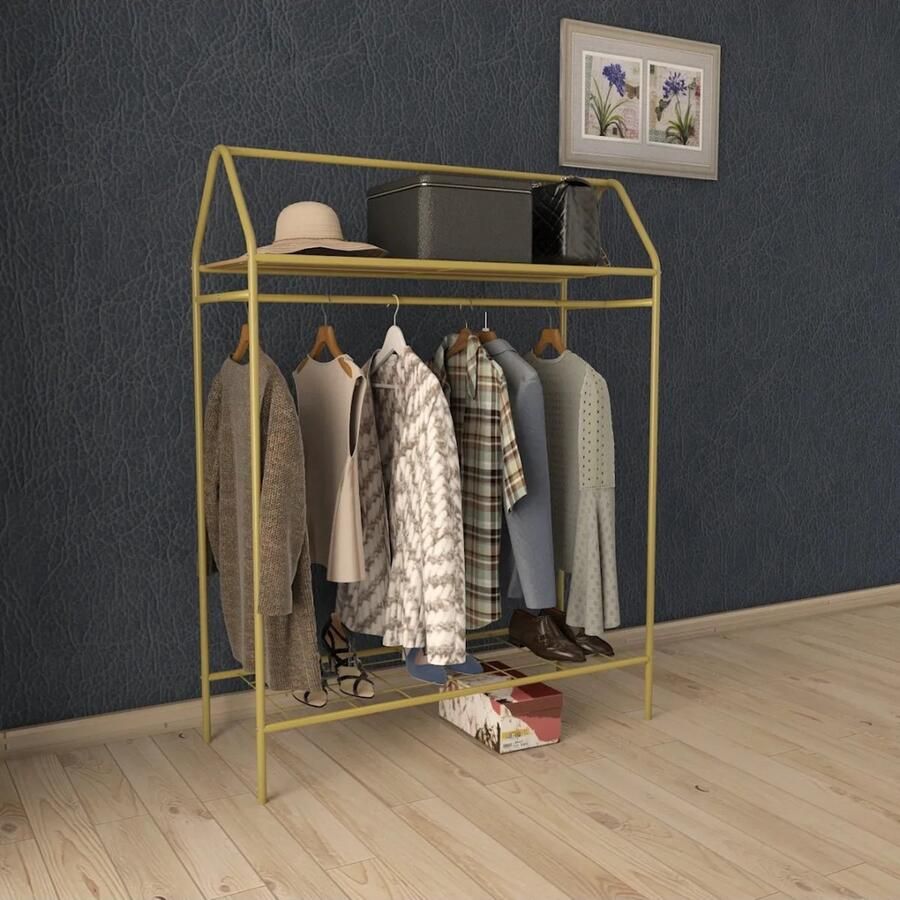 KAIA Design Kledingrek Metaal 143x40x104 CM Goud Opbergruimte Voor Schoenen Garderoberek Met Haken Opbergrek