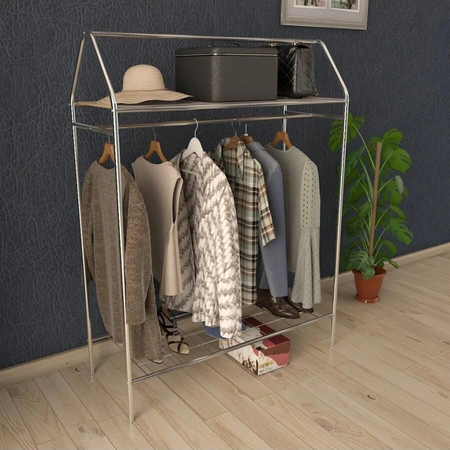 KAIA Design Kledingrek Metaal 143x40x104 CM Zilver Opbergruimte Voor Schoenen Garderoberek Met Haken Opbergrek