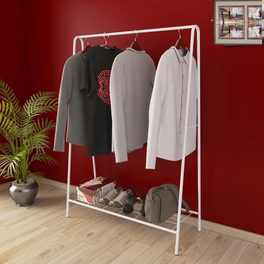 KAIA Design Kledingrek Metaal 150x40x104 CM Wit Opbergruimte Voor Schoenen Garderoberek Met Haken Opbergrek