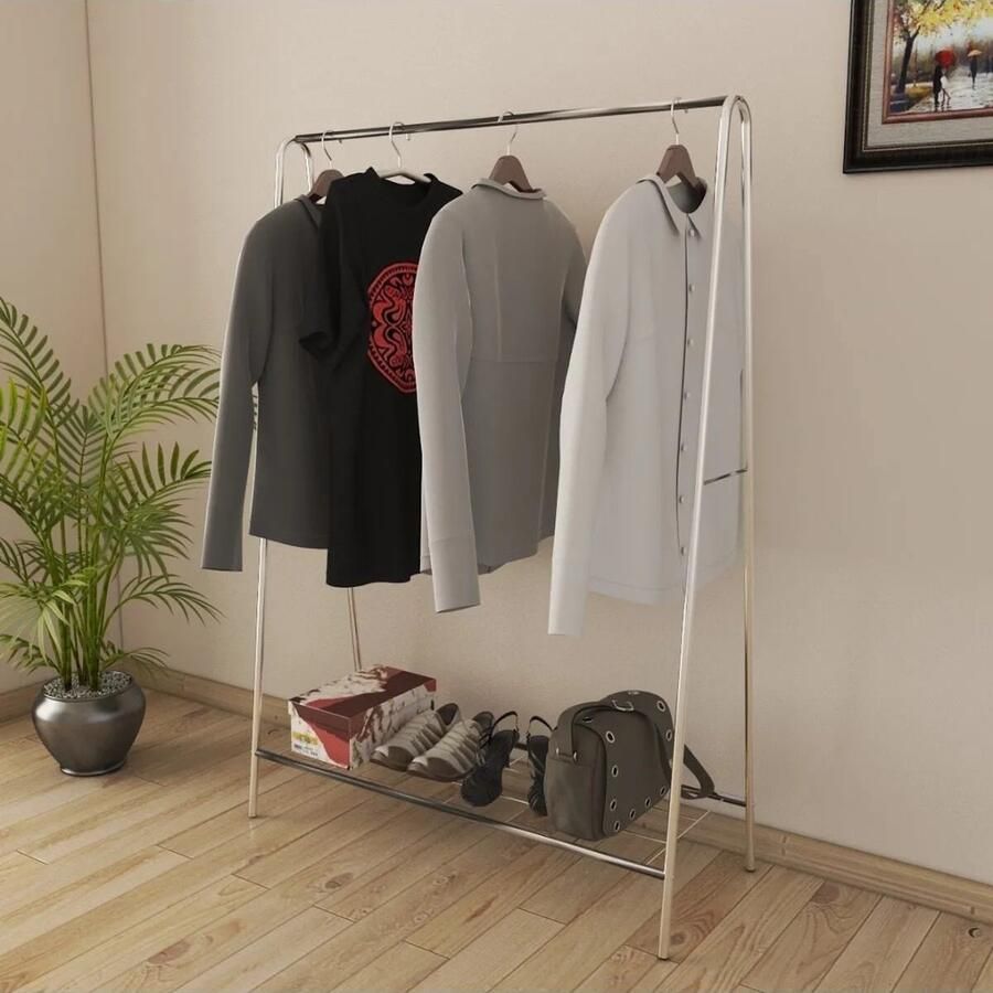 KAIA Design Kledingrek Metaal 150x40x104 CM Zilver Opbergruimte Voor Schoenen Garderoberek Met Haken Opbergrek