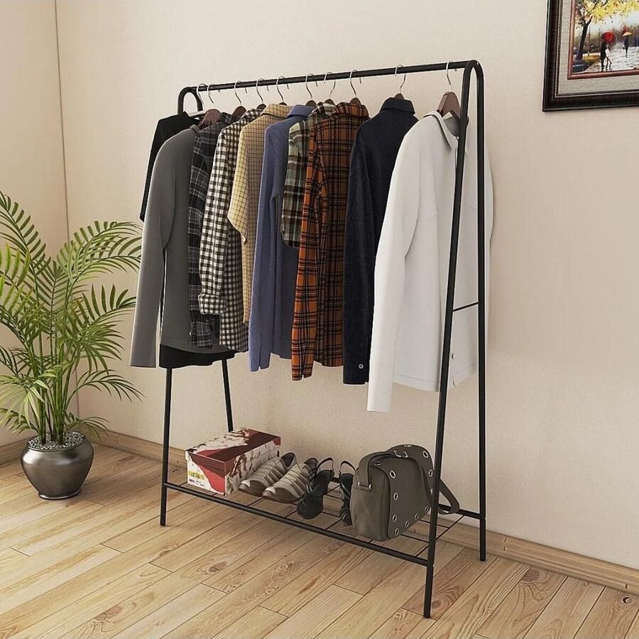 KAIA Design Kledingrek Metaal 150x40x104 CM Zwart Opbergruimte Voor Schoenen Garderoberek Met Haken Opbergrek