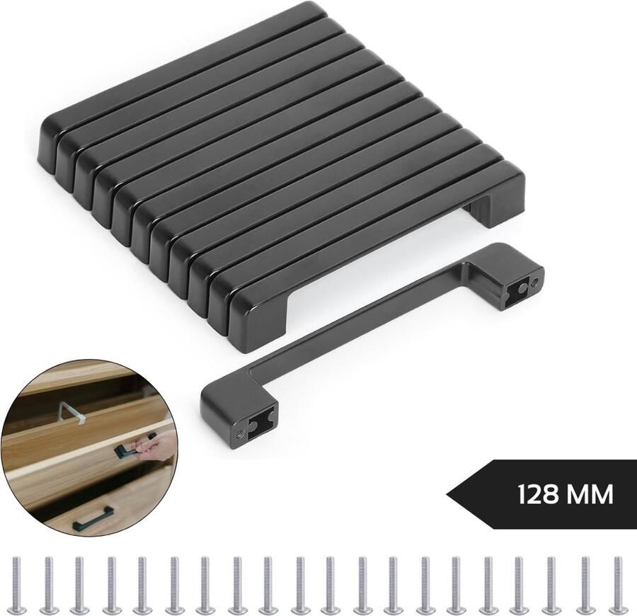 KAIA Handgreep Zwart Set van 10 Metaal Aluminium 128mm Hartafstand Handvat voor Kast Keukenkast Lade en Meubels Afgerond Moderne Greep Inclusief Schroeven Keukengreep Meubelgreep Kastgreep
