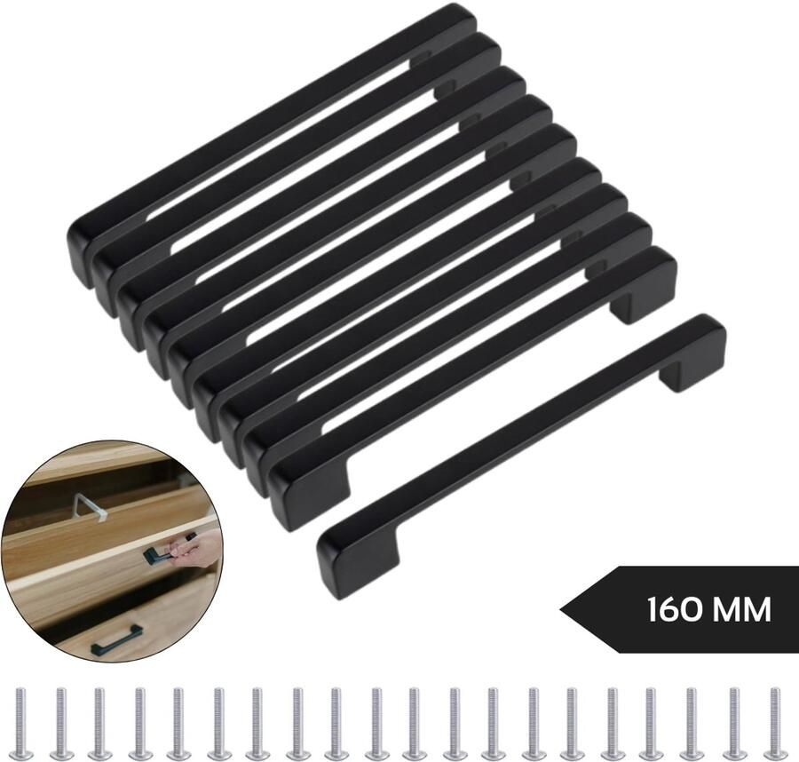 KAIA Handgreep Zwart Set van 10 Metaal Aluminium 160mm Hartafstand Handvat voor Kast Keukenkast Lade en Meubels Afgerond Moderne Greep Inclusief Schroeven Keukengreep Meubelgreep Kastgreep