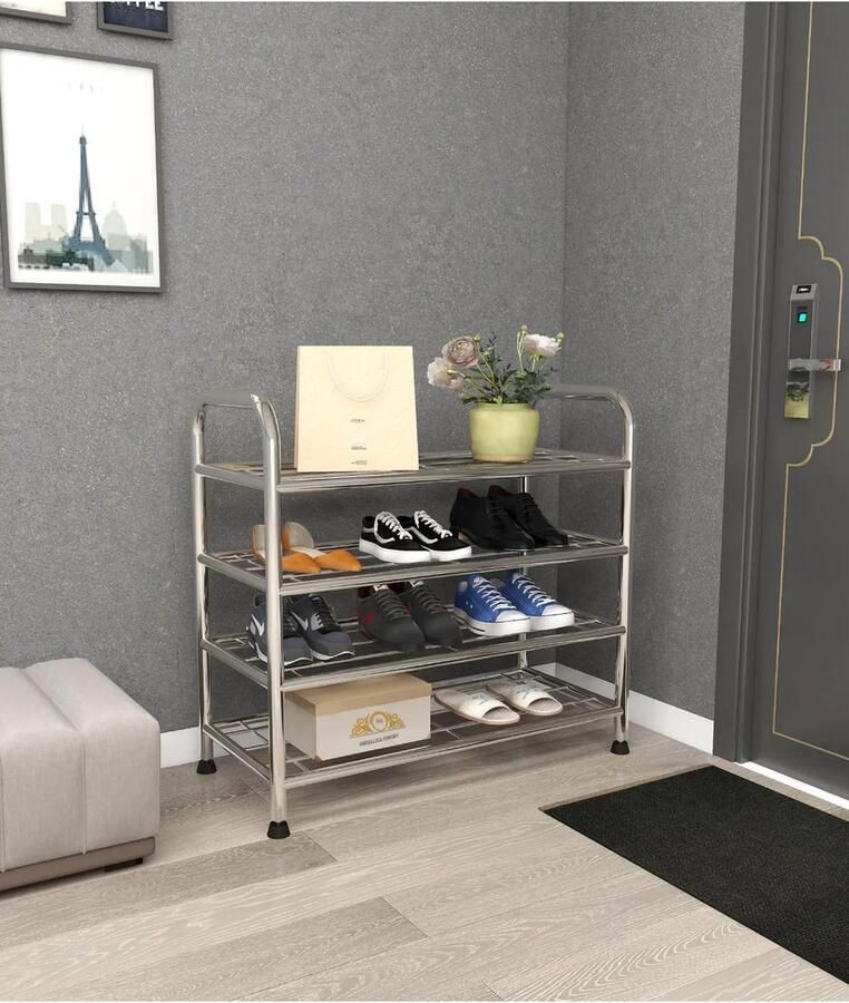 KAIA Schoenenkast Schoenenrek 4 Laags 16 paar Schoenen Zilver Schoenenplank Praktisch Metaal Modern Industrieel