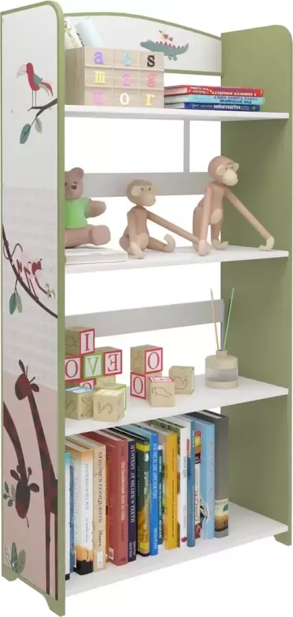 KAMYRA Boekenkast voor Kinderen Kinderkamer Speelgoedkast Opbergkast Kindvriendelijk Hout 62.5x24x120 cm Wit Groen