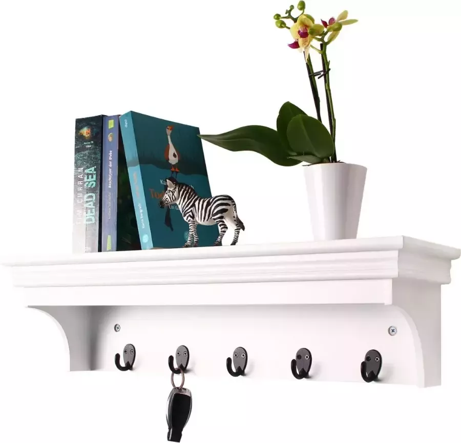 KAMYRA Boekenplank met Haakjes Zwevend – Zwevende Wandplank Kapstok – voor Hal Woonkamer & Slaapkamer – Hout Wit 60x16x16
