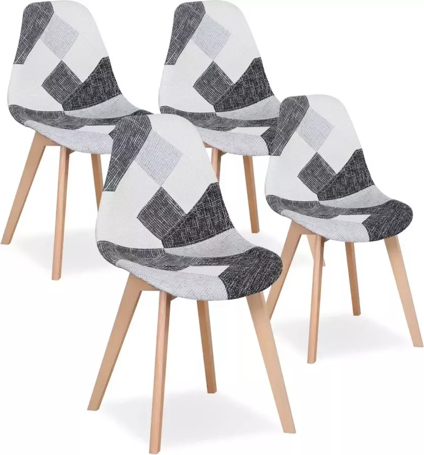 KAMYRA Design Kuipstoelen Set van 4 Kuipstoel Kuipzetel Eetkamerstoel Comfortabel Stijlvol Hout & Stof Grijs Zwart Wit